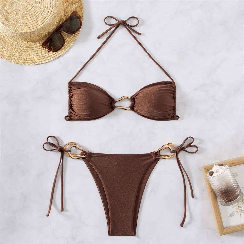 Brun Brown Halter String Micro Bikini Thong Sexy Swimsuit Femmes Metal Ring Swimwear 2025 Mini Biquini Bathing Costume Bikinis ensembles