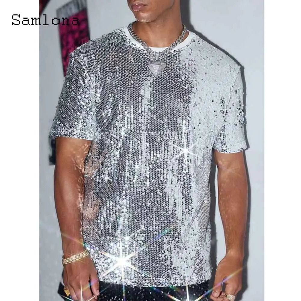 2025 Sexy Sequins T-shirt Men Short Sleeve Hip Hop Top Pullovers Solid Gray Blue Club Tees Shirt Male O-Neck Dance Shirts 250611