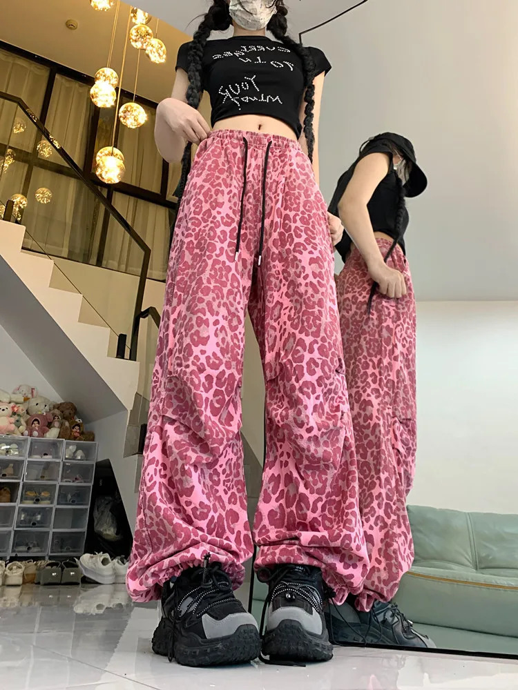 Rose imprimé léopard Parachute pantalons décontractés femmes Hip Hop rue mode salopette femmes Harajuku Style pantalon été 250613