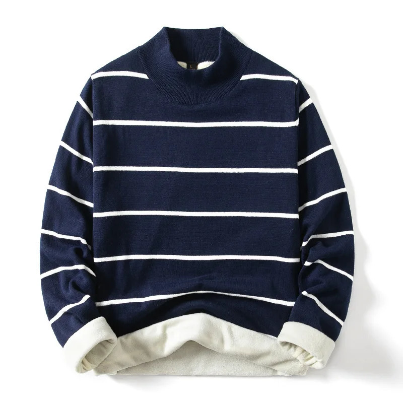Fashion Pullover Navy Black Striped Knitted Sweater Men Womens Autumn Winter Round Neck Casual Korean Trend Cotton Clothing 250613
