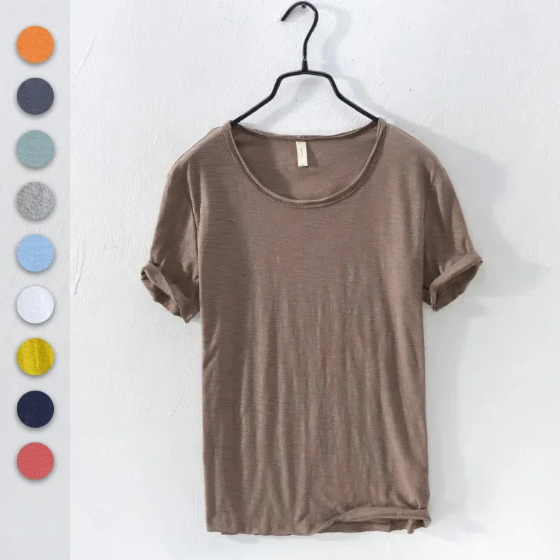 Mens Retro Raw Edge T-Shirt 100% Cotton Lightweight Breathable Slim-fit Monochromatic O-Neck Casual Basic Top Tees 250529