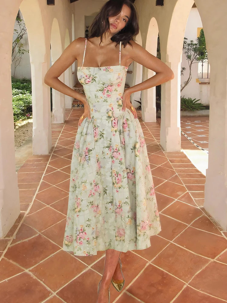 Nibber Backless Flower Print Dress Women Summer Trend Square Collar Sleeveless Sweet Style Vacation Beach Party Long Bodycon 250613