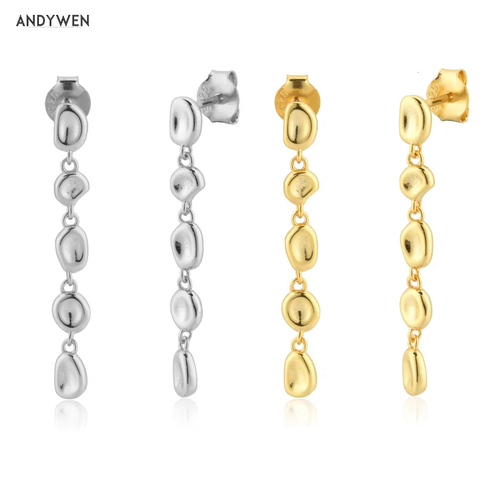 ANDYWEN 925 Sterling Silver Gold 30mm Chain Drop Earring Stud Women Rock Punk Coins Roun Wedding Gift Clips Piercing Pendiente 250613