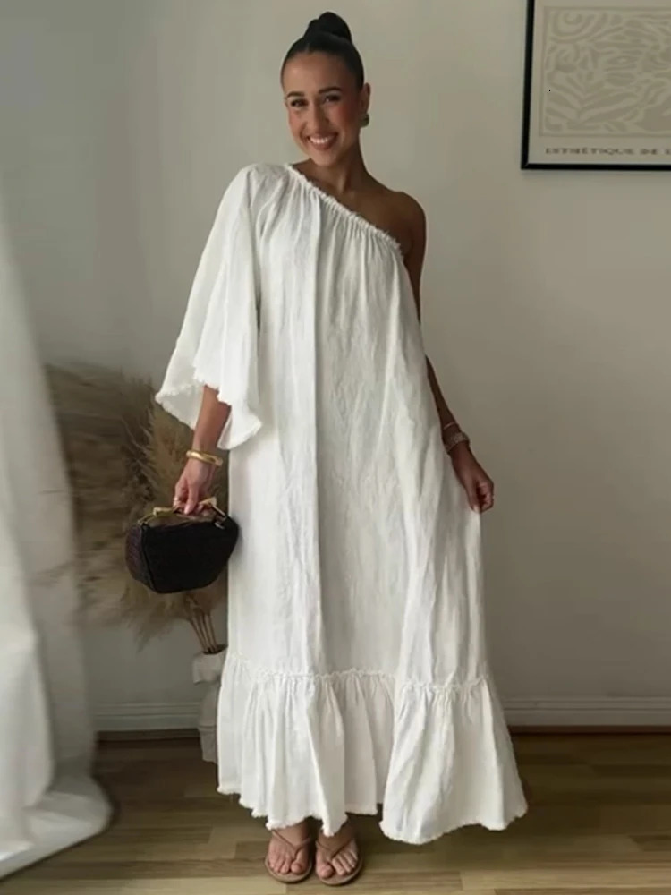 Chic Irregular White One Shoulder Maxi Dress For Women Elegant Solid Half Sleeve Long Oversize Lady Evening Party Dresses 250613
