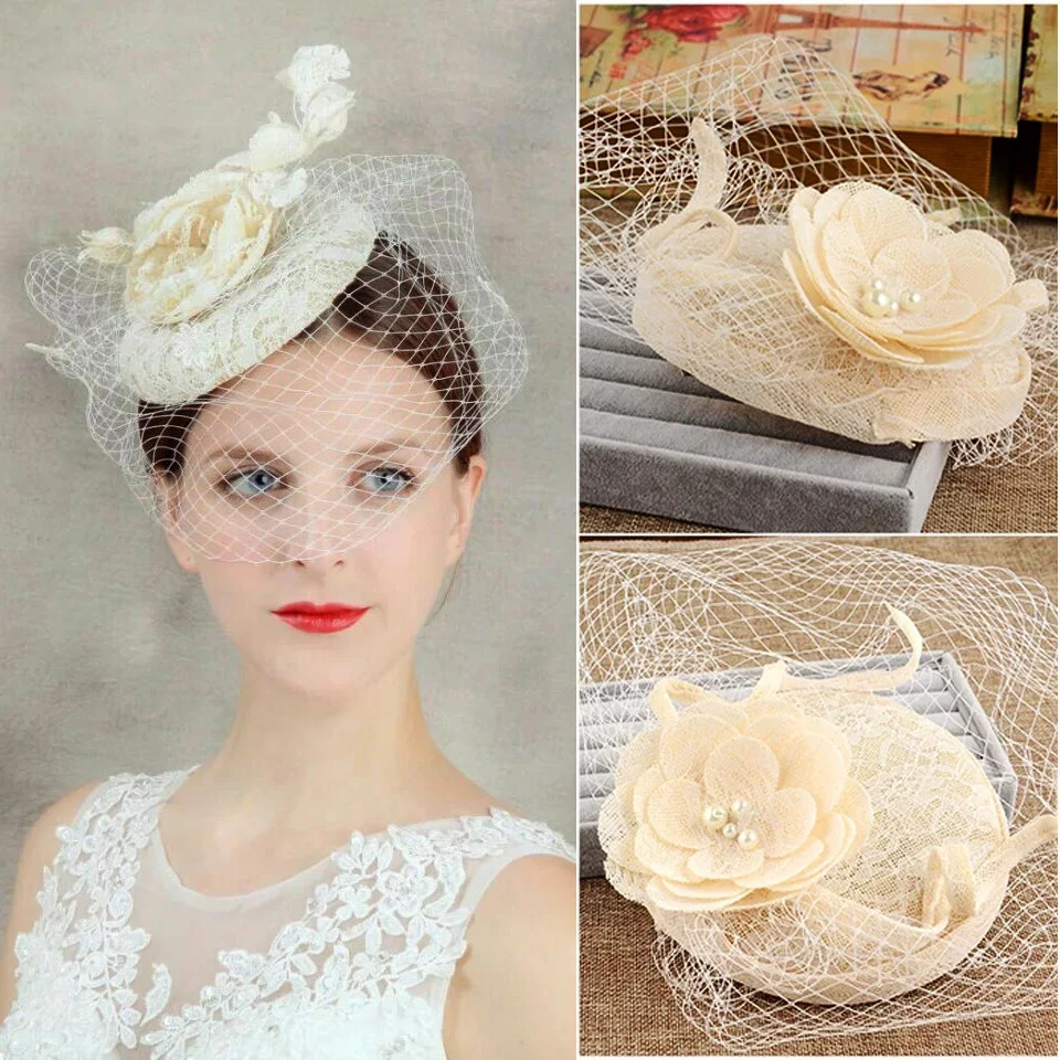 Vintage Women Lace Wedding Hat Flowers Mesh Face Veil Pearl Fascinator Wedding Mother Special Occasion Party Po Hat 250613
