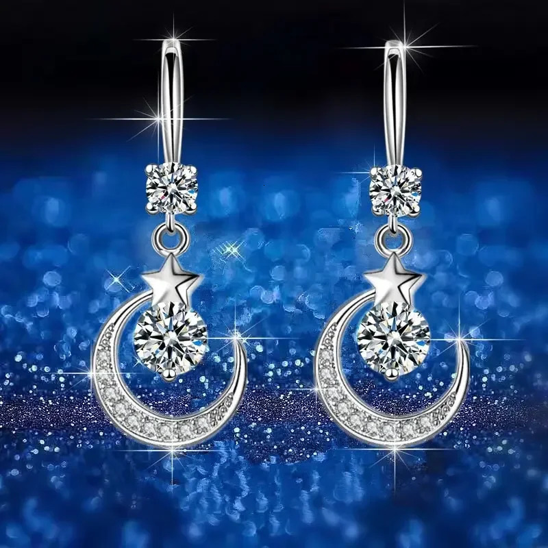 Female Fashion Star Moon Earrings 925 Sterling Silver White Sapphire Pink Blue White Artificial Dangle Earrings 250613