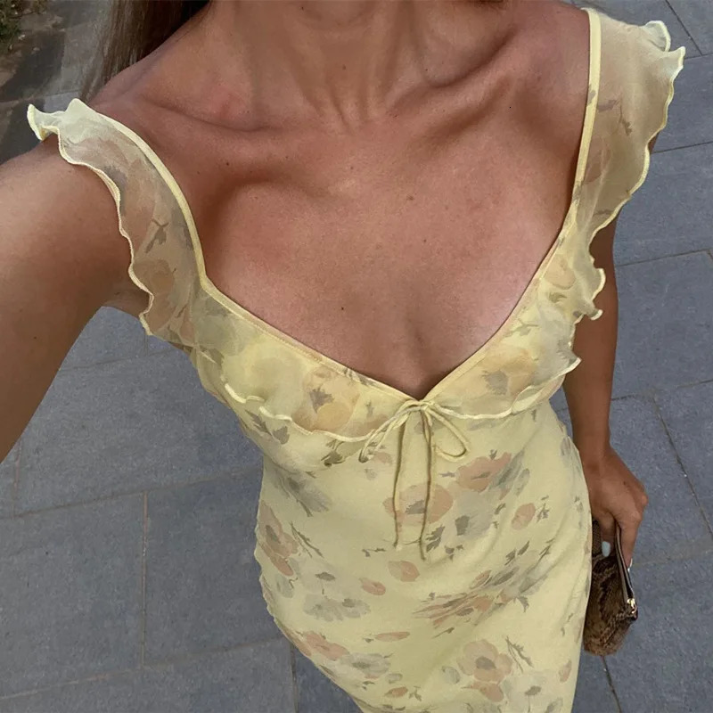 Womens Floral Cami Dress Slim Tie Bow Deep V Neck Backless Ruffle Spaghetti Strap Long Bodycon for Party Club 250614