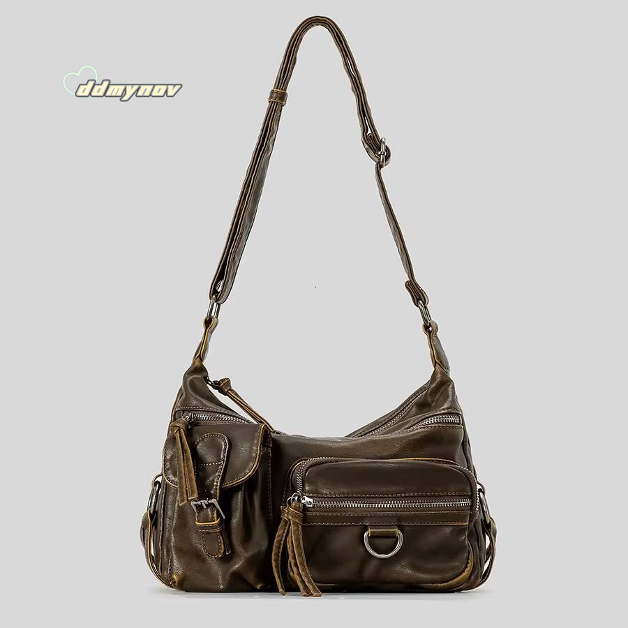 Vintage Multiple Pockets Women Shoulder Bags Luxury Washed Pu Leather Crossbody Retro Motorcycle Bag Y2K Sac for Girls 2024 ddmynov