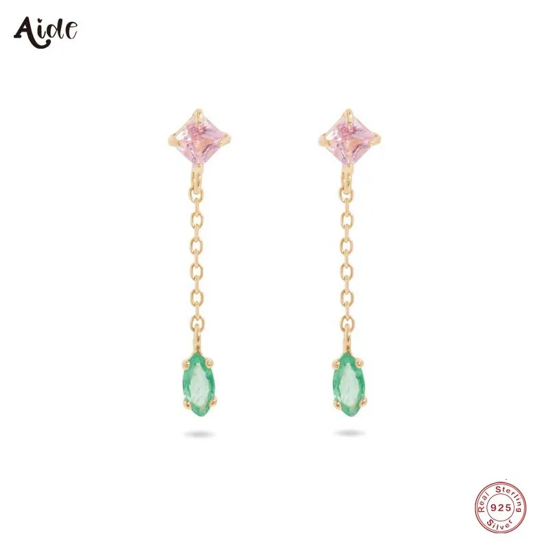 Aide 925 Sterling Silver Square Pink Zircon Long Chain Tassel Oval Green Crystal Charm Dangling Drop Earrings For Women Girl 250613