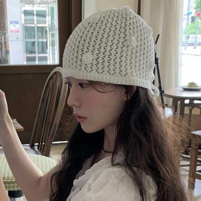 Korean Niche Flower Hollow Stack Hats for Women Spring and Summer Personality Versatile Fashion Pullover Knitted Beanies 250612