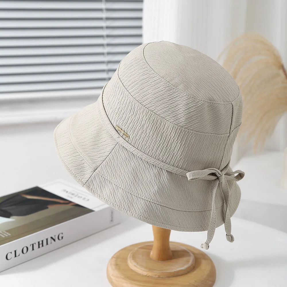 Womens Bucket Hat Foldable Fisherman Cap Korean Style Bow Plaid Spring Summer Sunshade Retro Fashion Cloth Simple Lady Hat 250612