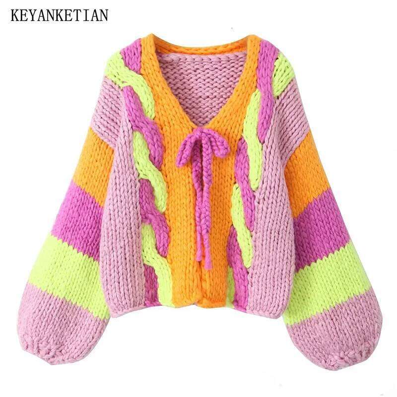 KEYANKETIAN hiver nouveau femmes nœud à lacets pull fait à la main Boho vacances vent contraste couleur gros fil torsion tricot Cardigans