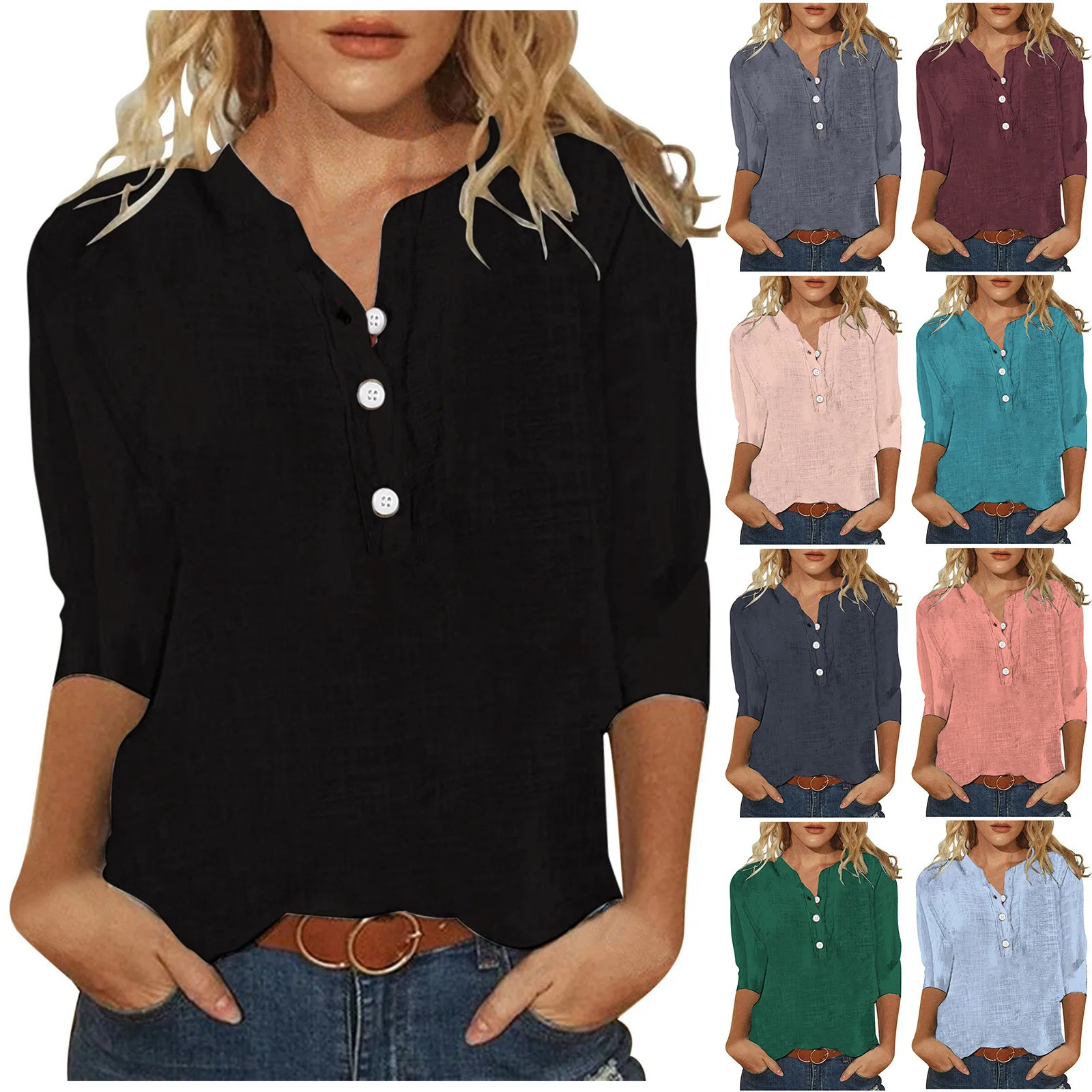 Womens Linen Shirts 2024 Spring Summer Solid Color T Shirt Button V Neck 34 Sleeve Casual Loose Breathable Top Streetwear 250612