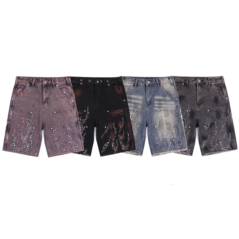 High Street Rhinestone Painted Baggy Jeans Shorts for Men Pockets Wide Leg Blue Black Loose Five Point Denim Pants Oversized w250520