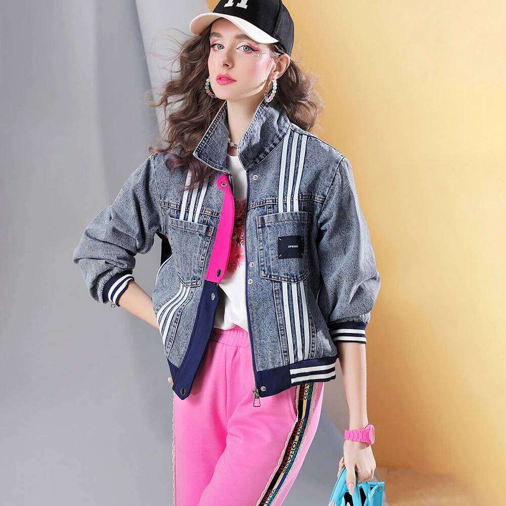 Street style spring new vertical stripes long sleeve casual short women's denim jacket tops for women