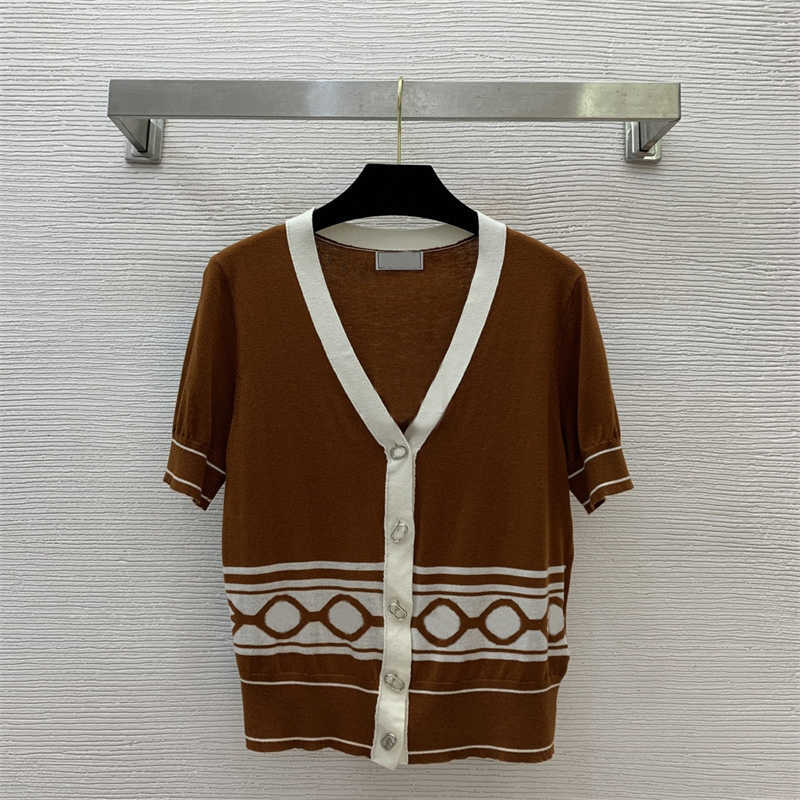 Wool Silk Blended designer t shirt women fashion Striped printed Metallic buttons tshirt V-neck short-sleeve knitted cardigan top