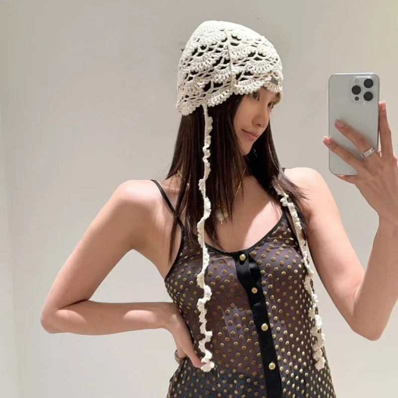 Spring and Summer Thin Flower Hollow Knitted Beanies Cap for Women Retro Po Versatile Sweet Fringed Strap Pullover Hats 250612