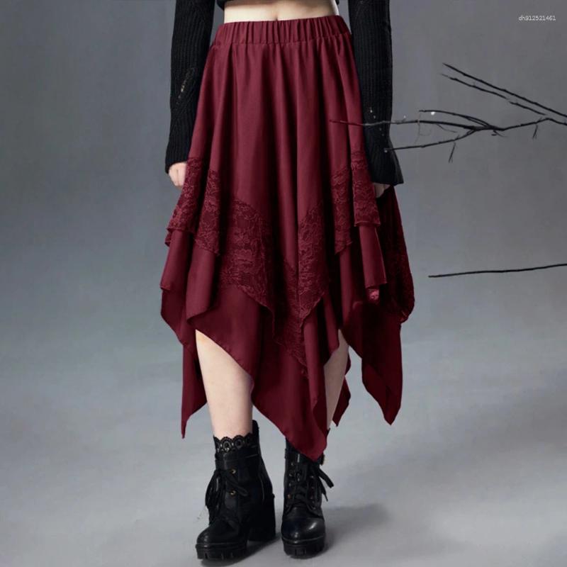 Jupes femmes gothique rétro dentelle ourlet asymétrique Midi demi Halloween dames taille élastiquée fête Costplay robe taille S-XL