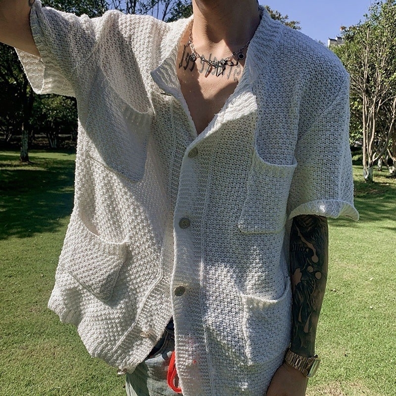 Mens Clothing Leisure y Knitted Shirt Harajuku Fashion Solid Color Short Sleeve Buttondown Korean Knitwear Summer w250520