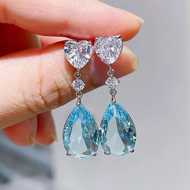 Green Blue Cubic Zirconia Dangle Earrings for Women 925 Sterling Silver Wedding Trend Love Jewelry 250613