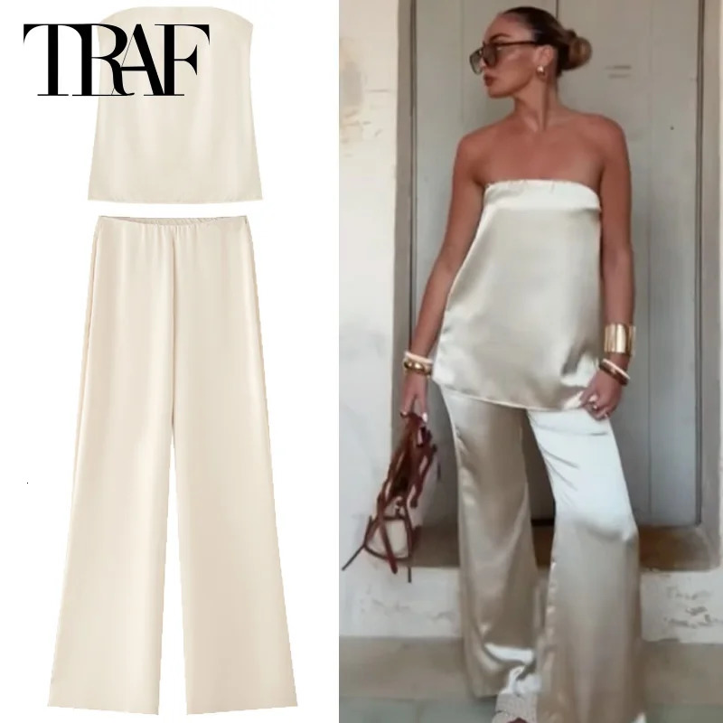 TRAF Satin Pant Sets Womens Two Pieces Set Strapless Off Shoulder Tube Vest 2 Piece Sets Woman Outfit High Waist Trousers Sets 250614
