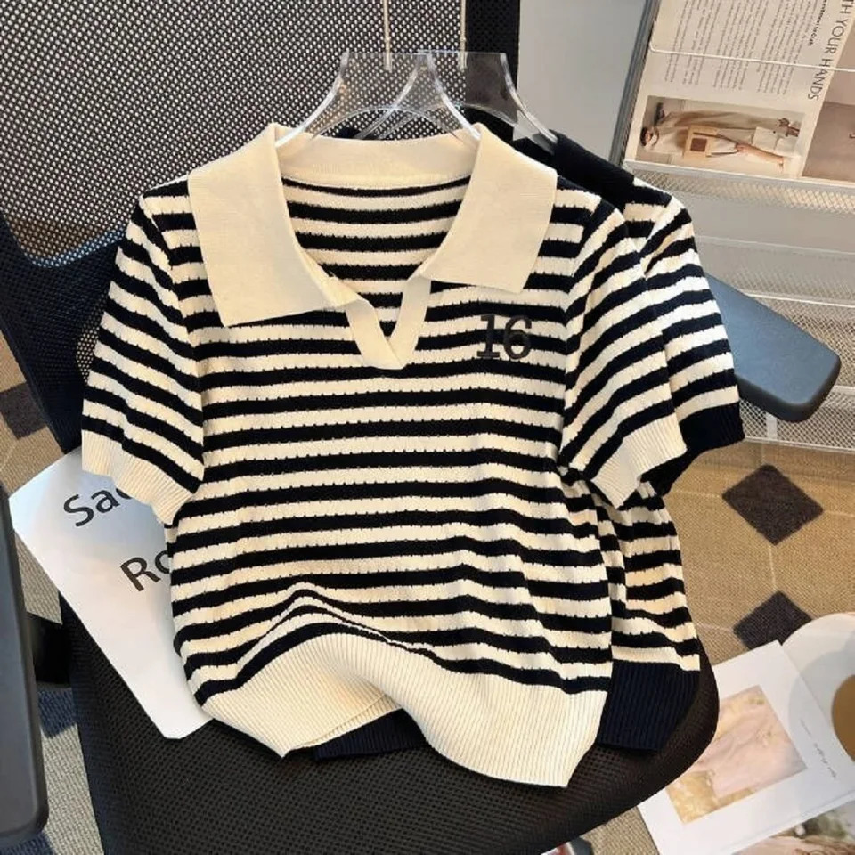 Tee d'été Coul Couleurs de contraste patchwork rayé de mode coréen Fashion Casual Pullover à manches courtes Polo Tops 250612