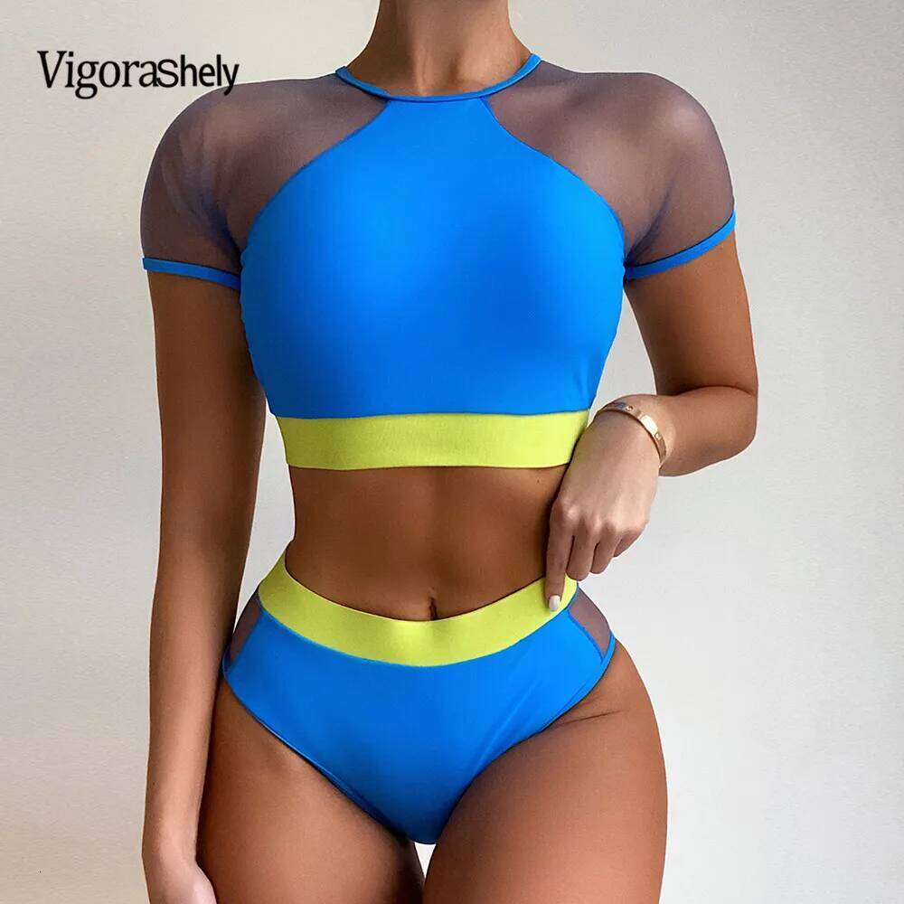 Vigorshely High Waist Swimwear Women Sexy Mesh Hollow 2025 Push Up Swimsuit Female Brazilian Bikini Set Bathing Suit Swim