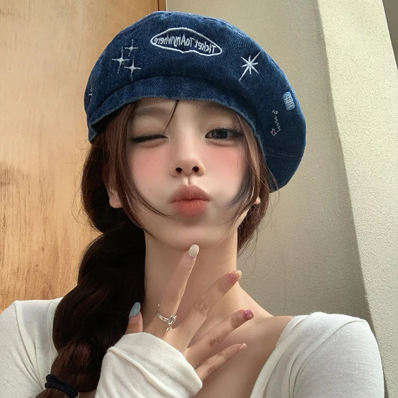 Casquette de bérets en denim brodée d'étoile personnalisée coréenne Y2k été automne voyage polyvalent rétro chapeaux de peintre pour femme et hom