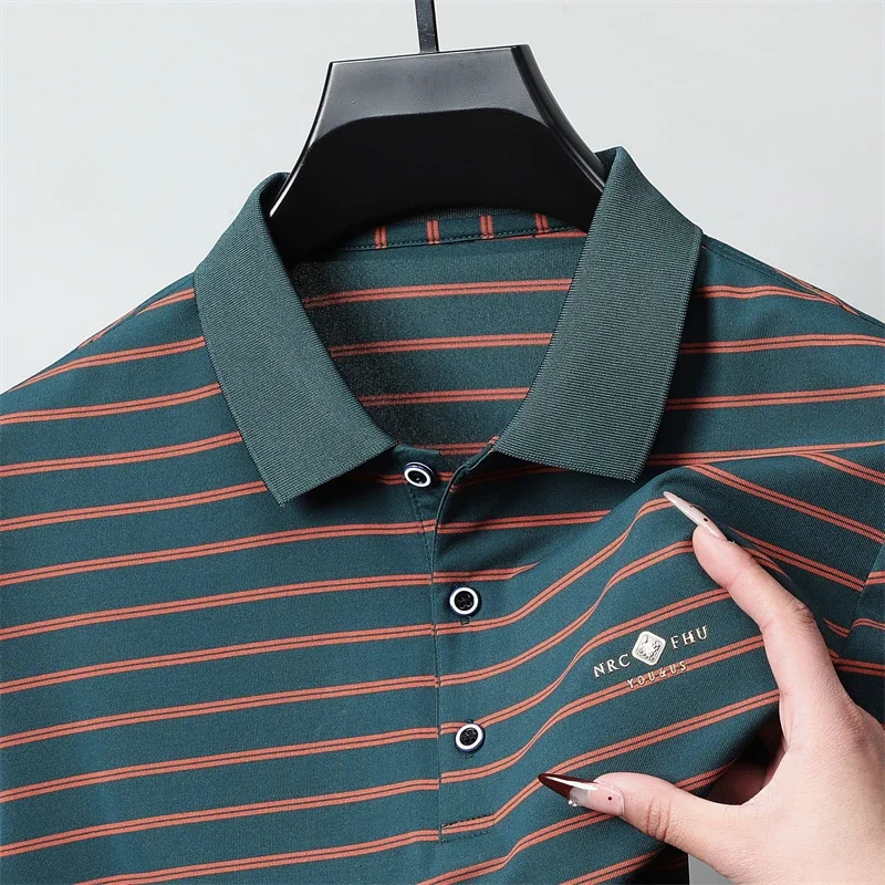 Mens Casual and Fashionable Striped Short Sleeved Polo Shirt Summer Comfortable Sweat Absorbing Breathable Versatile Top 250603