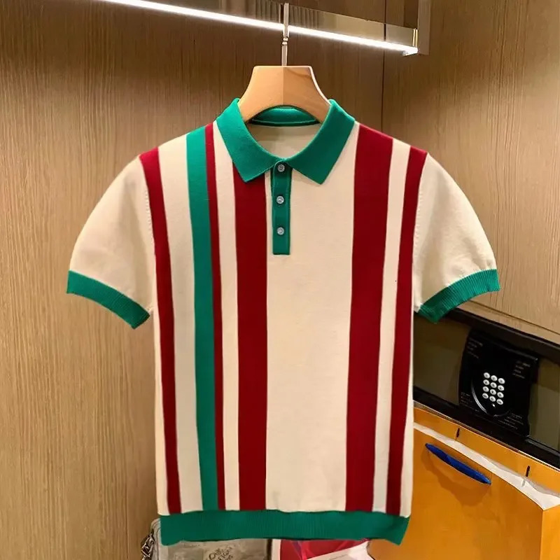 British Mens Fashion Slim Fit Knit Polo Shirt Casual Style Vertical Stripe Color Block Short Sleeves Sweater 250603