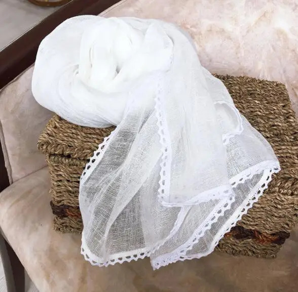 Spring And Autumn Thin Pure Linen Scarf Lace Pure White Scarf Ladies Summer Scarf Linen Outdoor scarves 250611