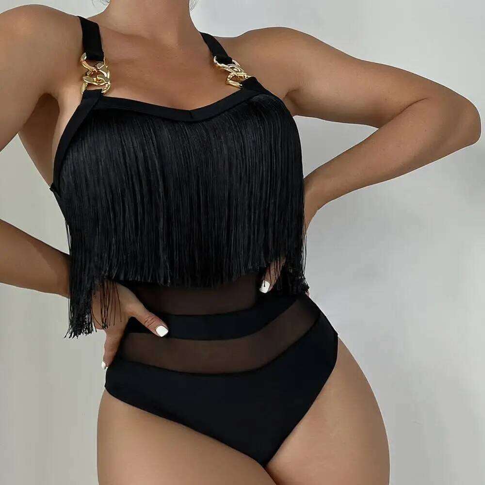 Women Chain Splicing Solid Color Sleeveless Tassel Decor Lady Swimsuit Mesh Backless Design One-Piece Female Bikini