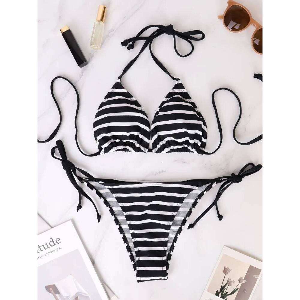 Two Piece Set Triangle Bandage Female Beachwear Summer Sexy Black And White Striped Swimsuit Beach Women's Style Bikini