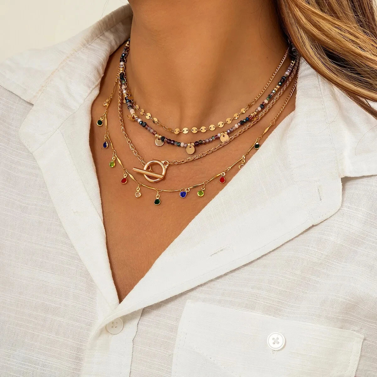 4pcs / set Boho Collier de tour de cou à paillettes en cristal coloré