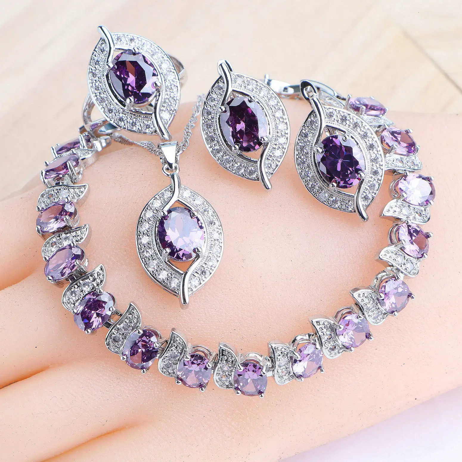 Purple Zircon Silver 925 Bijoux Ensembles de boucles d'oreilles Bridal Charms Bracelets For Women Ring Pendant Collier Set Bijoux de mariage 2506