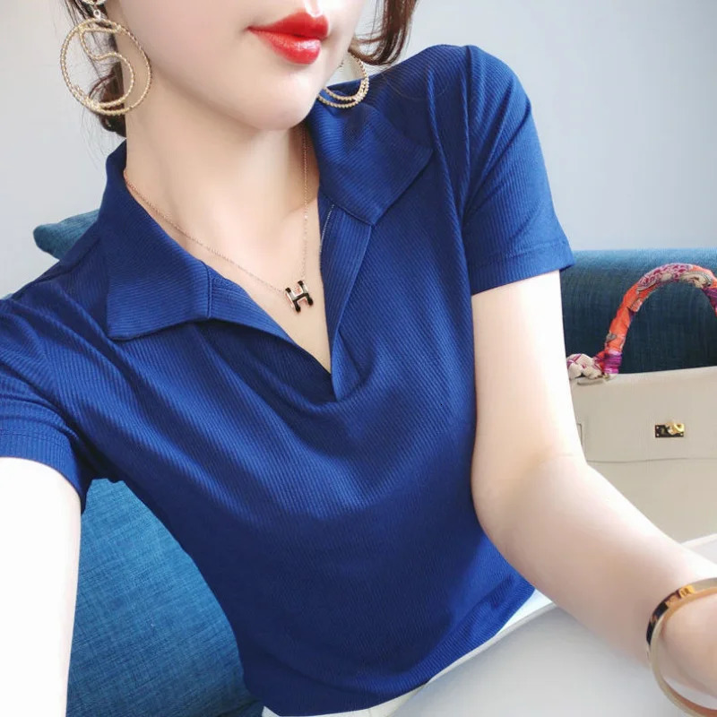 Tee-shirts à col polo Femme Tendance 2024 Été Pullover Youth Slim Tshirt Y2k PLAIN ORIGINAL POLYESTER POLYESTER LECT BLUE Aesthetic 250612