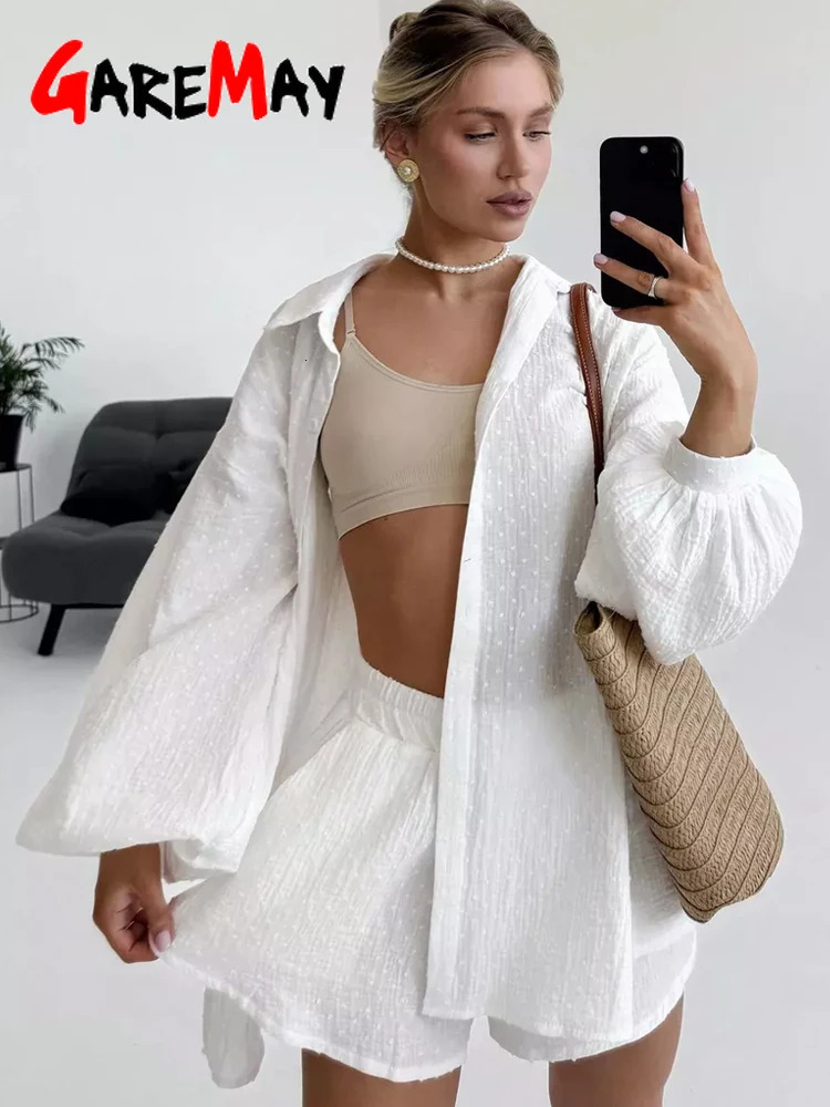 Womens Summer Suit with Shorts and A Shirt White Cotton 100% Two-piece Suit Female Long Sleeve Oversize Muslin Suit for Women 250529