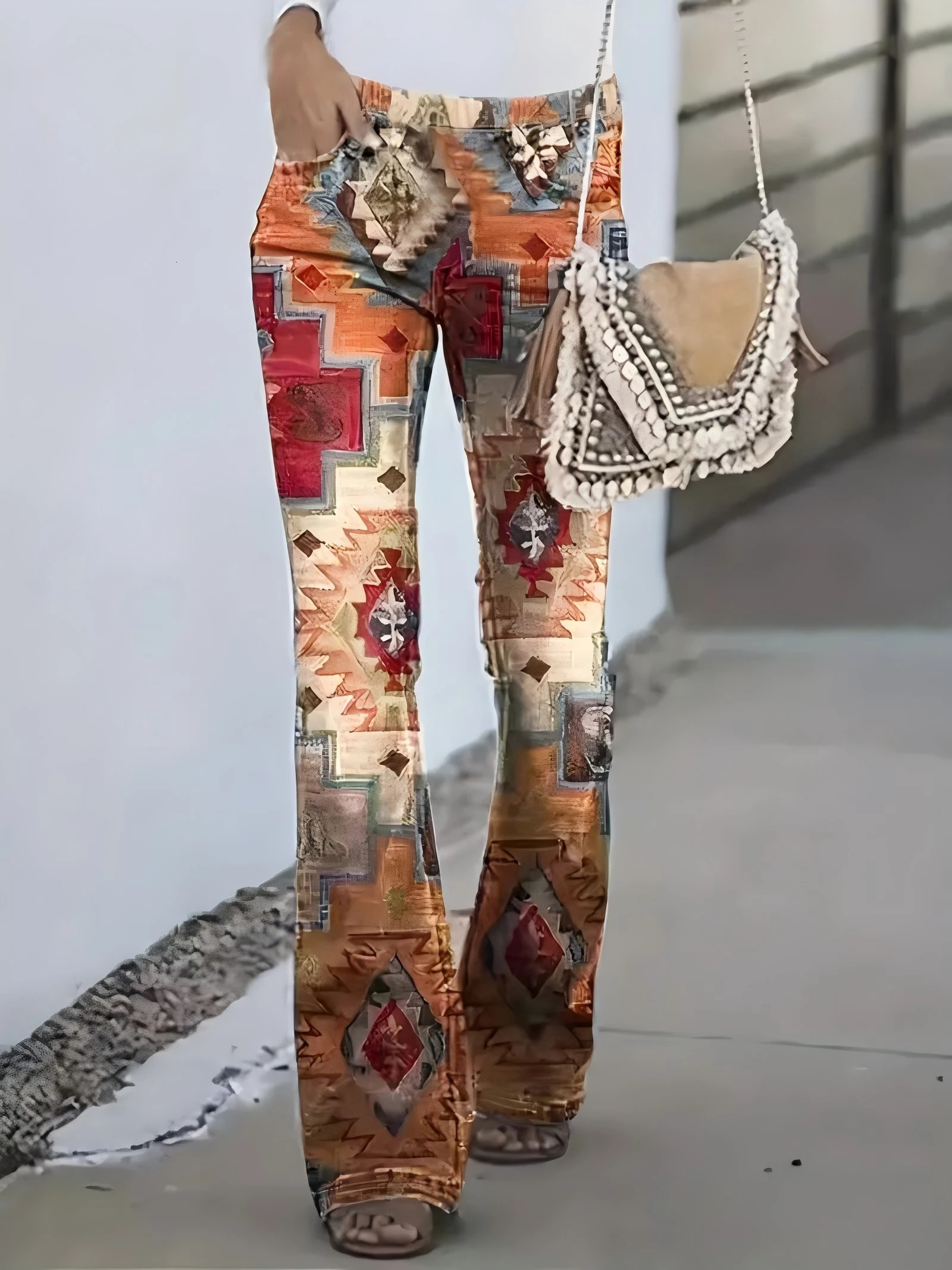 Tribal geography printed bell bottom pants with pockets spring and autumn casual tight high waisted pants womens clothing250609