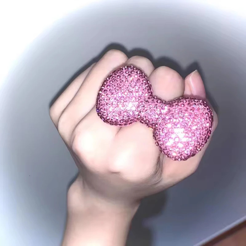 Y2K Pink Shiny Sparkling Rhinestone Bow Ring Fashion Cute Delicate Ladies Jewelry Accessory 250614