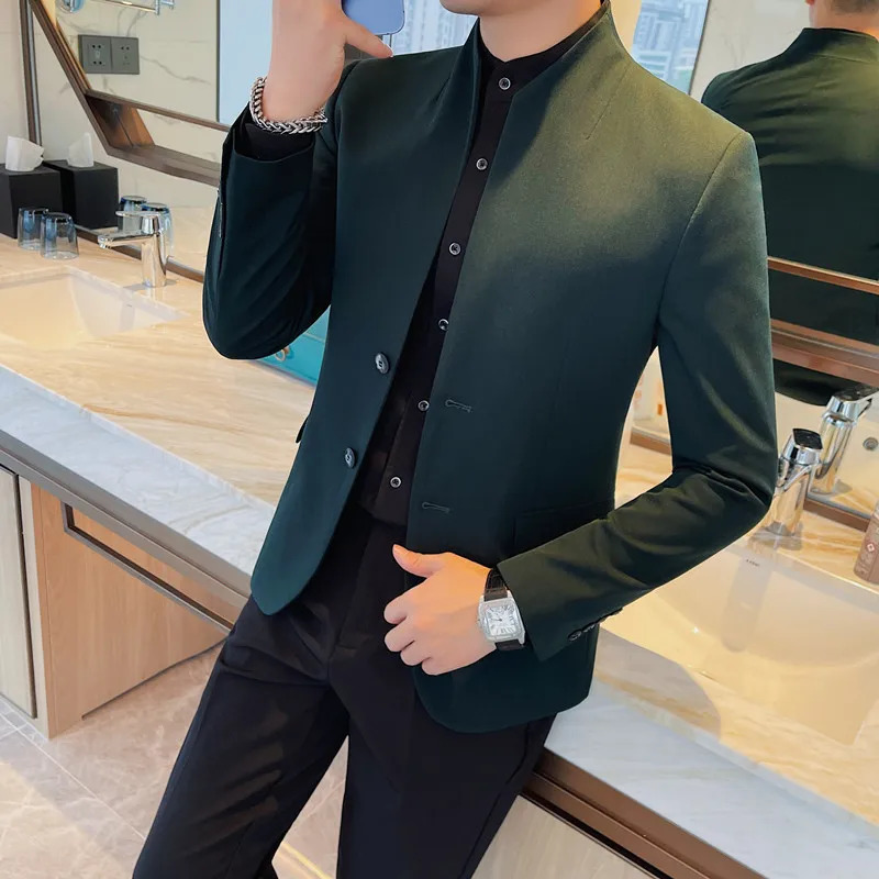 Mens HighQuality Business Suit Jacket Stylish Slim Fit Casual Trendy Top with Standing Collar Handsome 250614