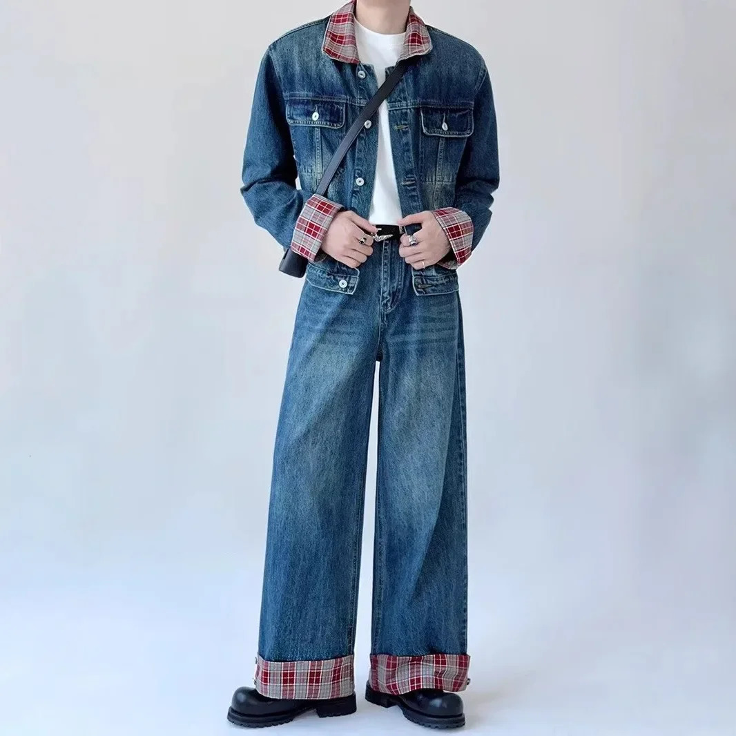 Trendy American Style Plaid Patchwork Lapel Denim Jacket High-End Vintage Mens Suit Two-Piece Set Casual Scene 250614