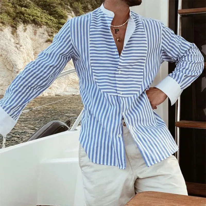 Mens Hawaiian Patchwork Striped Long Sleeve Shirt Fashion Casual Stand Collar Vacation Quick Dry Streetwear Leisure Blouse 250614