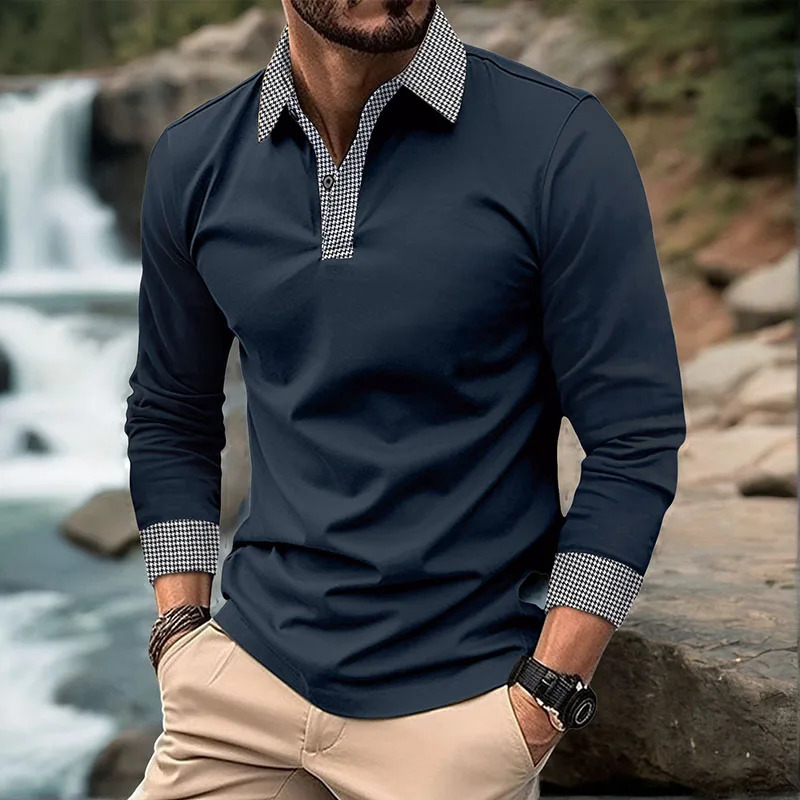 Spring and Autumn Mens Polo Shirt European and American Office Fashion Flip Collar T-shirt Mens Breathable Leisure Long Sleeve 250614