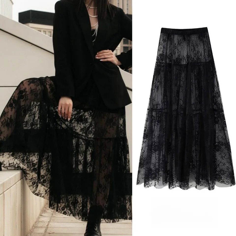 Black Lace Mesh Skirt Womens High Waist Midi Skirt Tulle Long Skirt Womens Translucent Party Womens Sexy Skirt 2024250609