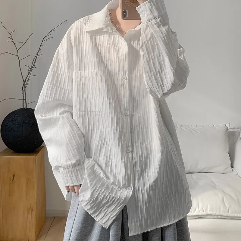 fabric Long-sleeved Shirts Men Korean Comfortable Blouses Casual Loose Single Breasted Textured Mens shirt Harajuku 250614