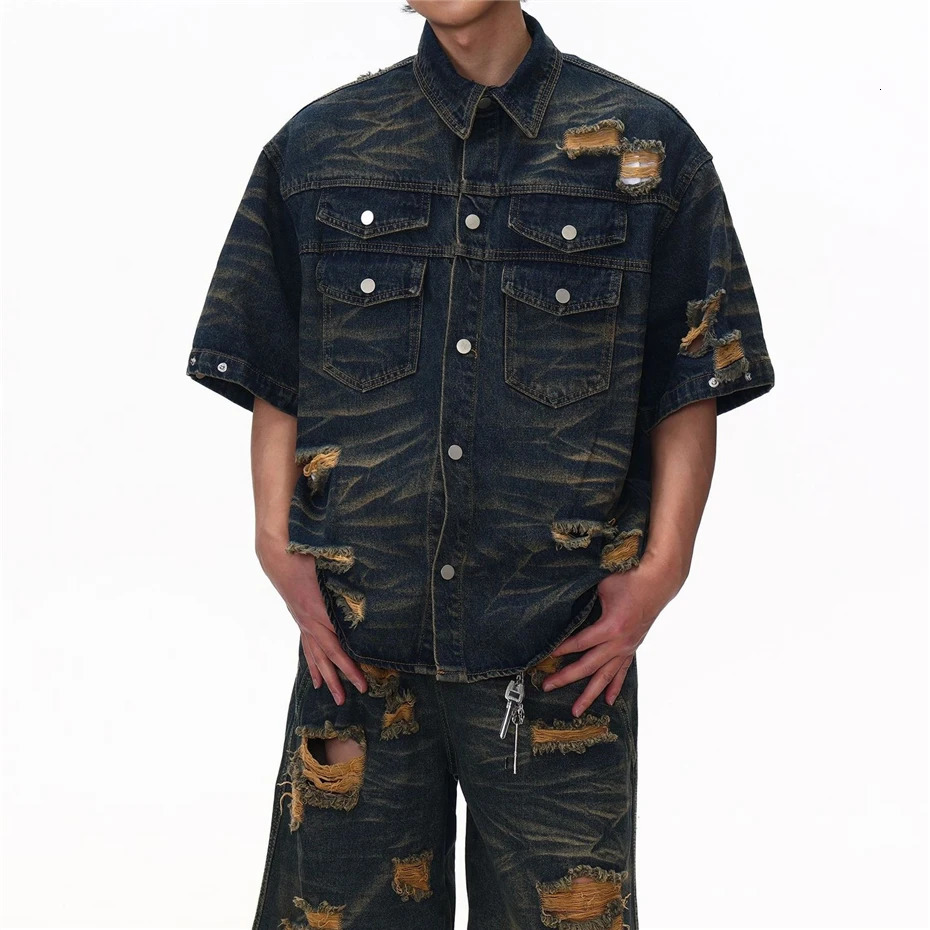 Ripped Hole Denim Sets Streetwear Hip Hop Patchwork Jeans Shirts Men Oversized Harajuku Vintage Baggy Denim Shorts Mens Blouse 250614
