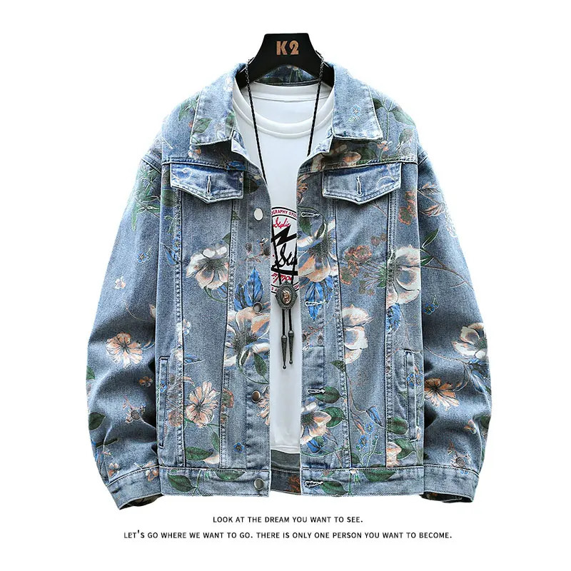 Vintage Floral Print Denim Jacket Mens Distressed Coat Streetwear Loose Fit Long Sleeve Jackets Korean Bomber Jeans Jacket 250614