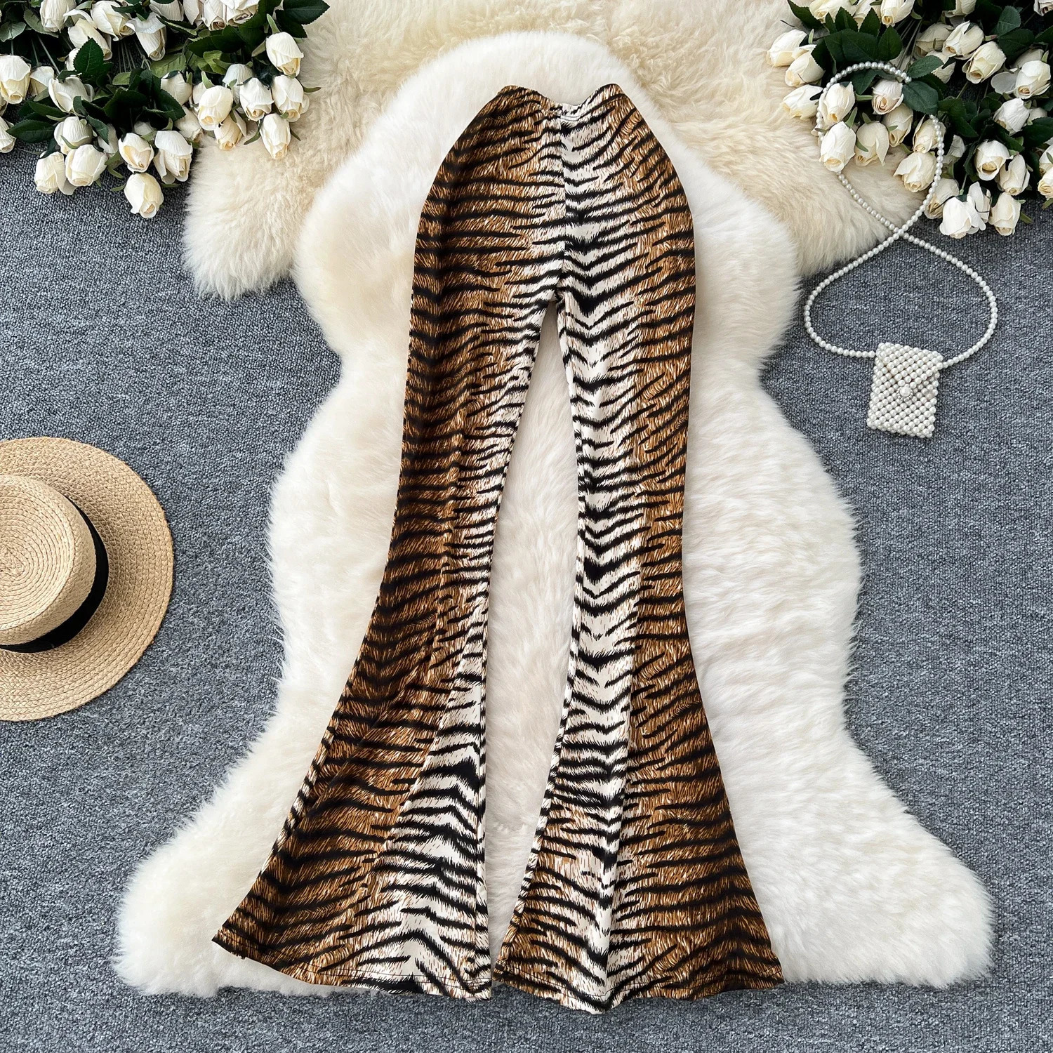 Casual Leopard High Waist Vintage Women Basics Elegant Flare Pants Korean High Street Office Lady Slim Spring Autumn Clothing250609