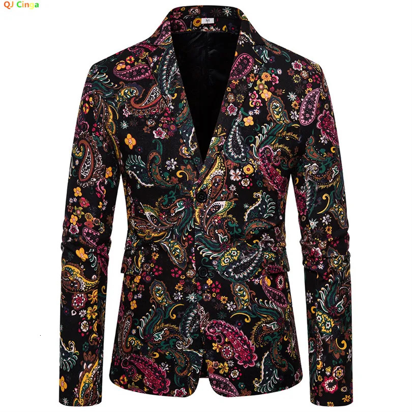 Black Printed Suit Jacket Mens Single Breasted Cotton Linen Casual Coat VNeck Long Sleeve Blazers Fall Breathable Tops M4XL 250614