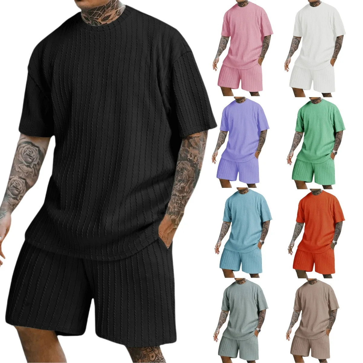 Mens Fashion Summer Sports Solid Color Crew-Neck Vertical Stripe T-shirt Shorts Short-Sleeved Suit Loose Two-Piece Set 250614